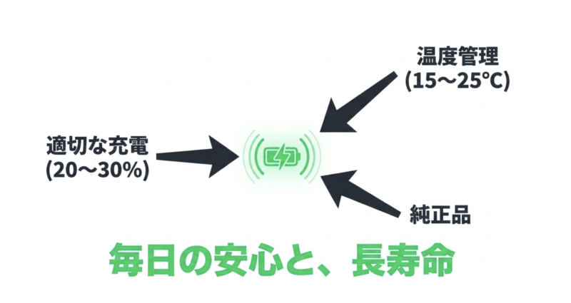 電動アシスト自転車のバッテリーを長持ちさせる3つの要素（残量20〜30%での適切な充電、15〜25℃の温度管理、純正品の使用）が毎日の安心と長寿命につながることをまとめた図解。