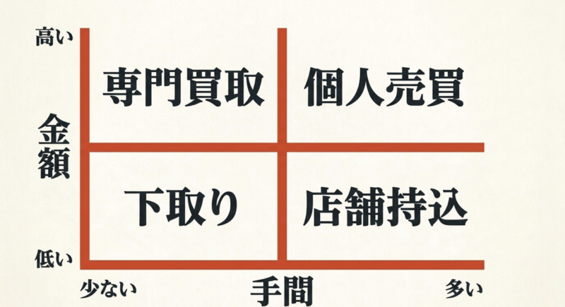 専門買取、個人売買、下取り、店舗持込の4つの売却方法を金額の高さと手間の多さで比較したマトリックス図