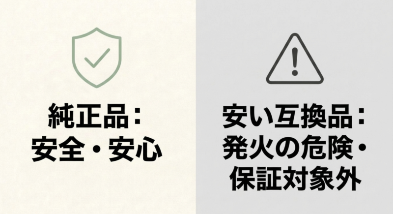 純正品は安全・安心、安い互換品は発火の危険や保証対象外になるリスクがあることを示す警告マークとテキスト