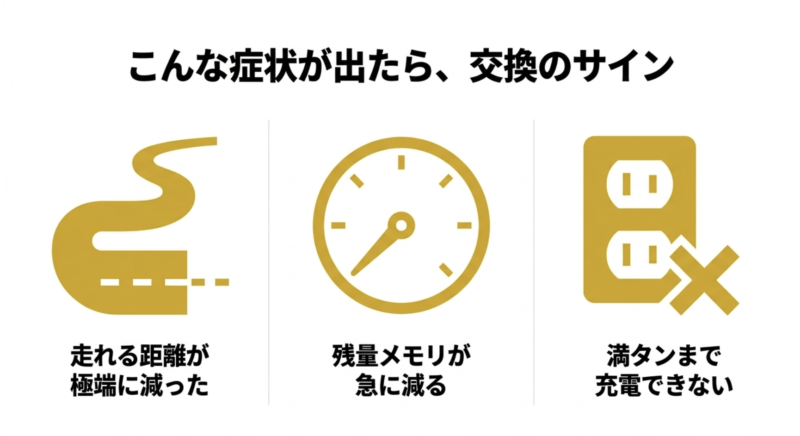 走れる距離が極端に減った、残量メモリが急に減る、満タンまで充電できないといったバッテリー交換のサインを示すスライド