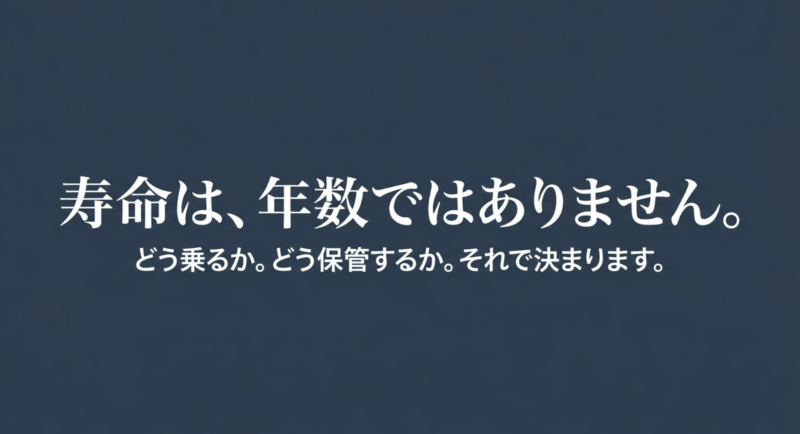 バッテリーの寿命は年数ではなく乗り方と保管方法で決まることを示すスライド