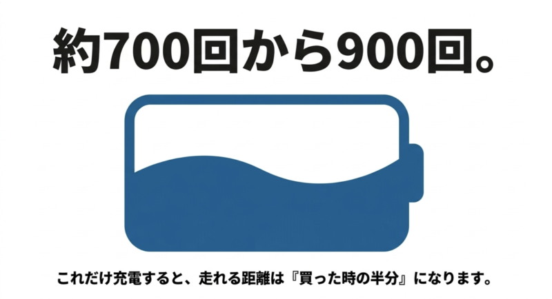 約700回から900回充電すると走れる距離が買った時の半分になることを示すスライド