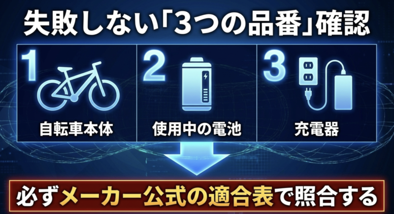 自転車本体・使用中の電池・充電器の3つの品番を確認しメーカー公式の適合表で照合する手順